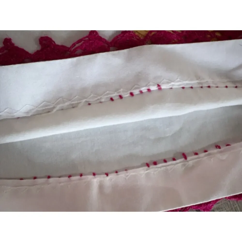 Vintage Handmade Ribbon Embroidered Pillowcase Crochet Edge Floral Standard